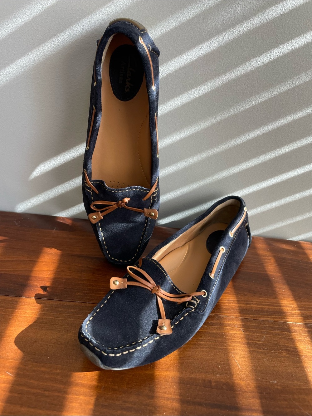 Clarks Navy Suede Moccasins with Tan Trim